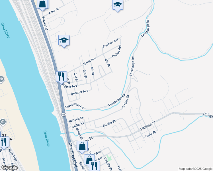 map of restaurants, bars, coffee shops, grocery stores, and more near 800 5th Street in Baden