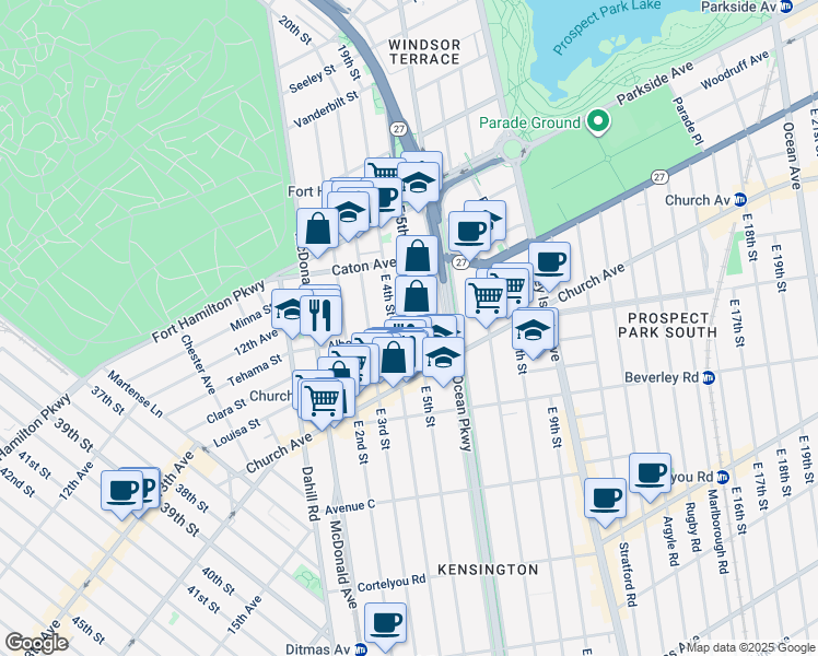 map of restaurants, bars, coffee shops, grocery stores, and more near 415 Albemarle Road in Brooklyn