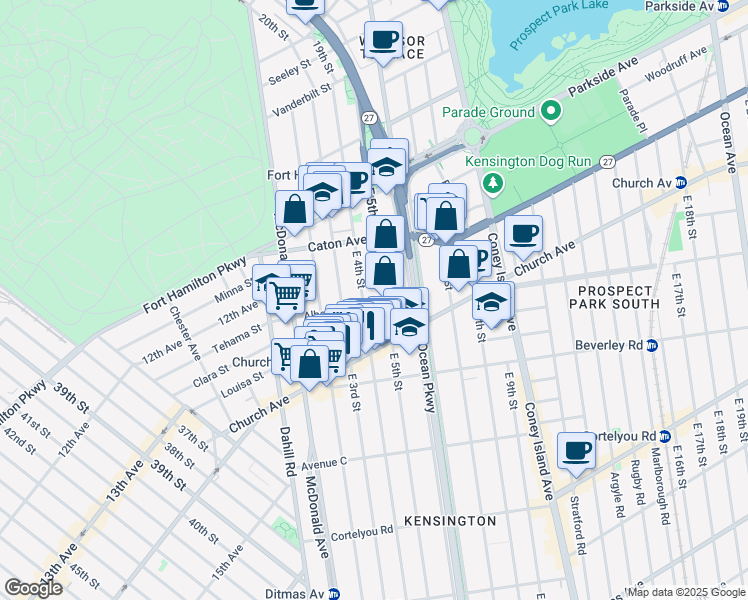 map of restaurants, bars, coffee shops, grocery stores, and more near 415 Albemarle Road in Brooklyn