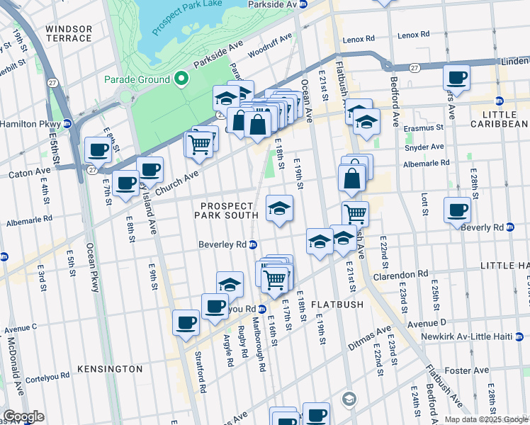 map of restaurants, bars, coffee shops, grocery stores, and more near 222 East 17th Street in Brooklyn