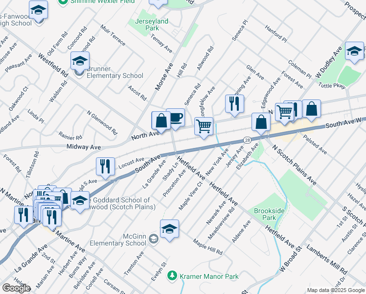 map of restaurants, bars, coffee shops, grocery stores, and more near 2261 South Avenue in Scotch Plains