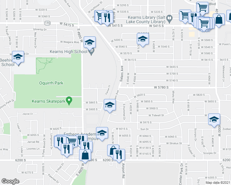 map of restaurants, bars, coffee shops, grocery stores, and more near 5808 Salem Avenue in Kearns