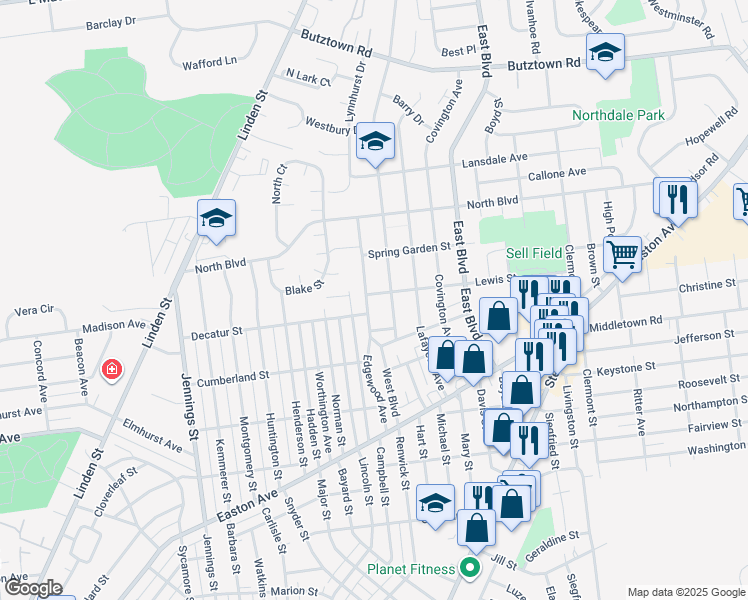 map of restaurants, bars, coffee shops, grocery stores, and more near 1125 Decatur Street in Bethlehem