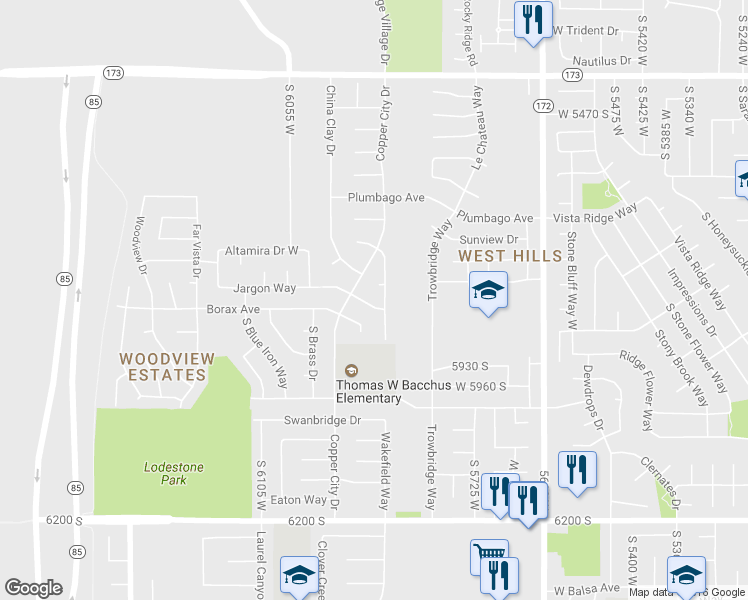map of restaurants, bars, coffee shops, grocery stores, and more near 5906 West Jargon Way in Salt Lake City