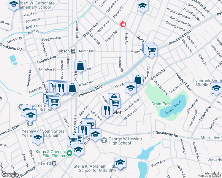 map of restaurants, bars, coffee shops, grocery stores, and more near 1 Holly Road in Hewlett