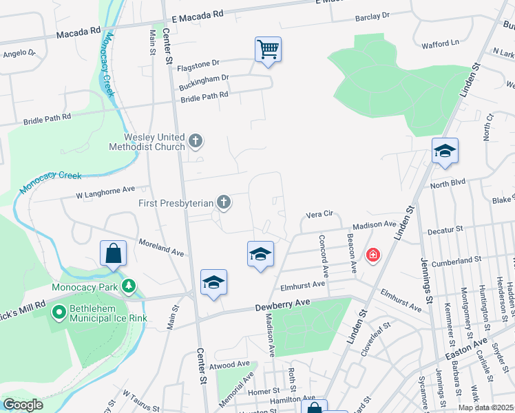 map of restaurants, bars, coffee shops, grocery stores, and more near 1 Kirkland Village Circle in Bethlehem
