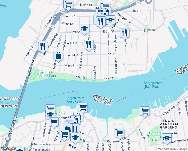map of restaurants, bars, coffee shops, grocery stores, and more near 11 Kelly Parkway in Bayonne