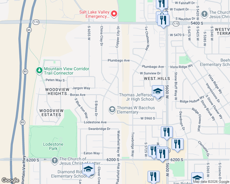 map of restaurants, bars, coffee shops, grocery stores, and more near 5906 West Jargon Way in Salt Lake City