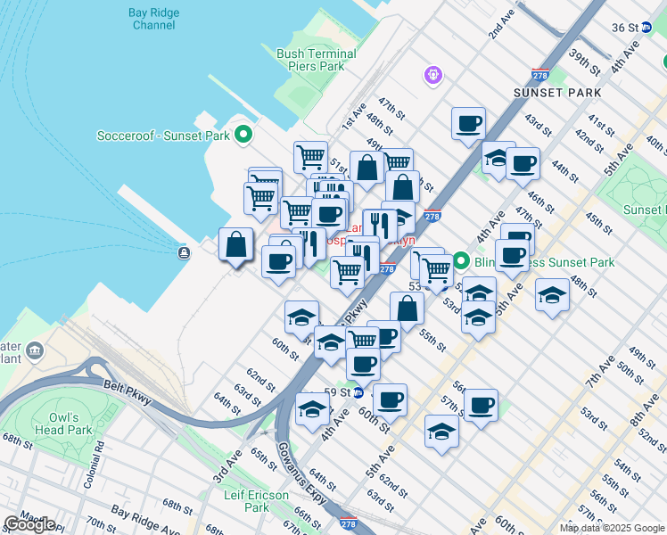 map of restaurants, bars, coffee shops, grocery stores, and more near 238 55th Street in Brooklyn