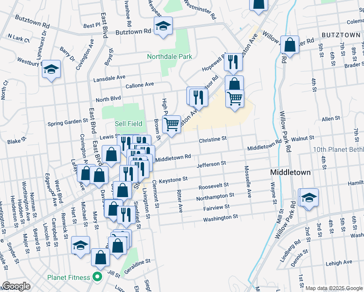 map of restaurants, bars, coffee shops, grocery stores, and more near 2820 Christine Street in Bethlehem