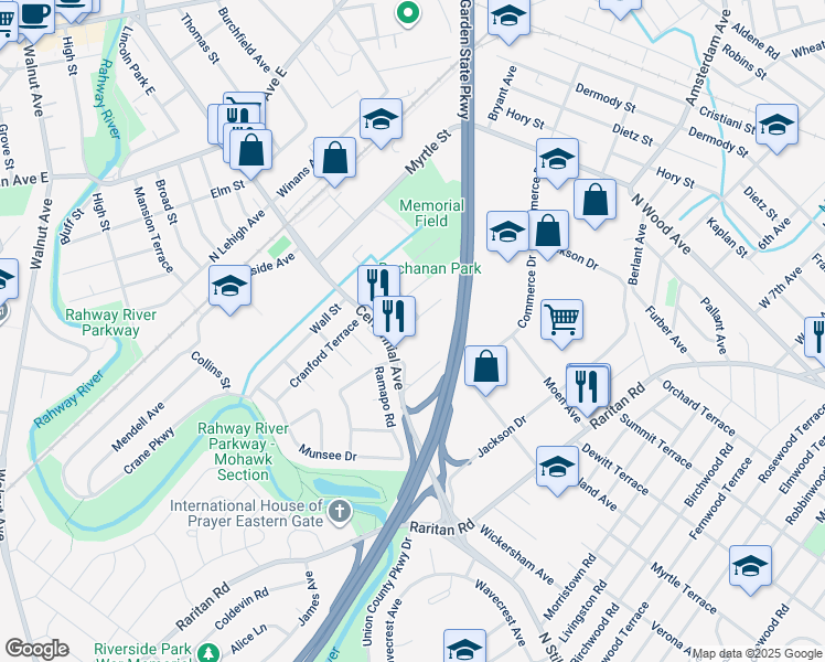 map of restaurants, bars, coffee shops, grocery stores, and more near 3 Grant Street in Cranford