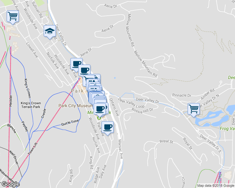 map of restaurants, bars, coffee shops, grocery stores, and more near 365 Deer Valley Drive in Park City