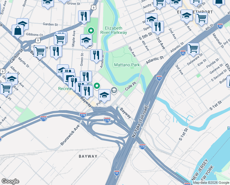 map of restaurants, bars, coffee shops, grocery stores, and more near 601 Cole Place in Elizabeth