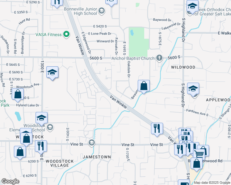 map of restaurants, bars, coffee shops, grocery stores, and more near 5780 South Minden Drive in Holladay