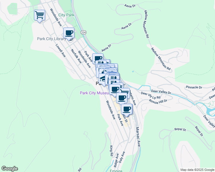 map of restaurants, bars, coffee shops, grocery stores, and more near 610 Park Avenue in Park City