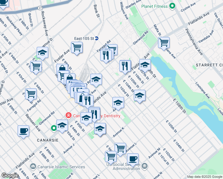 map of restaurants, bars, coffee shops, grocery stores, and more near 902 East 101st Street in Brooklyn
