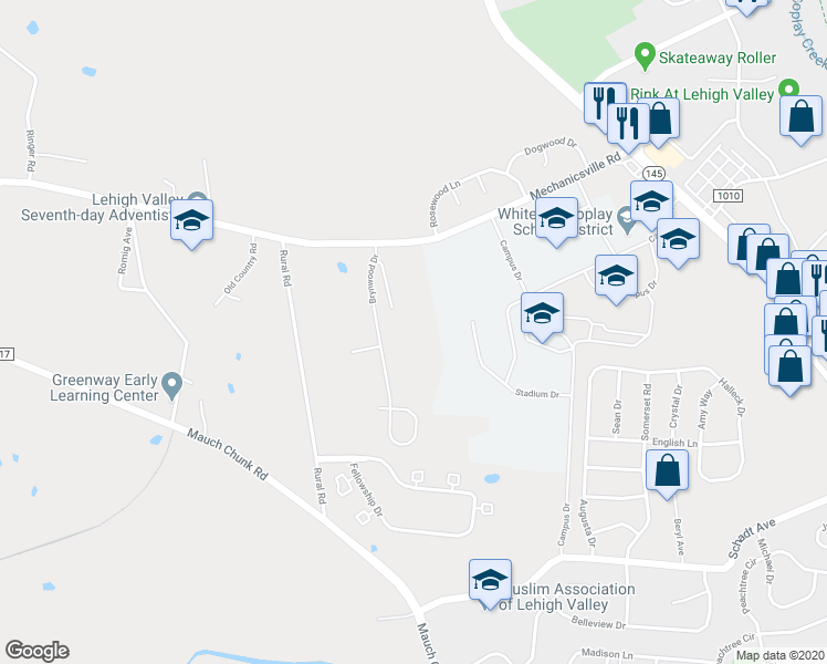 map of restaurants, bars, coffee shops, grocery stores, and more near 3122 Saint Stephens Lane in Whitehall