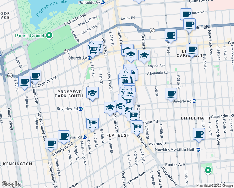 map of restaurants, bars, coffee shops, grocery stores, and more near 2014 Regent Place in Brooklyn