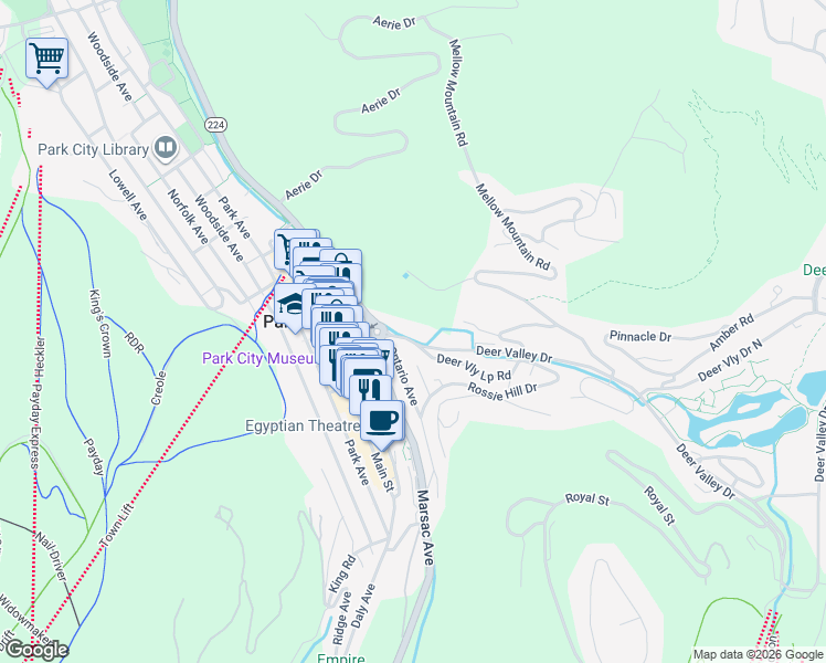 map of restaurants, bars, coffee shops, grocery stores, and more near 365 Deer Valley Drive in Park City