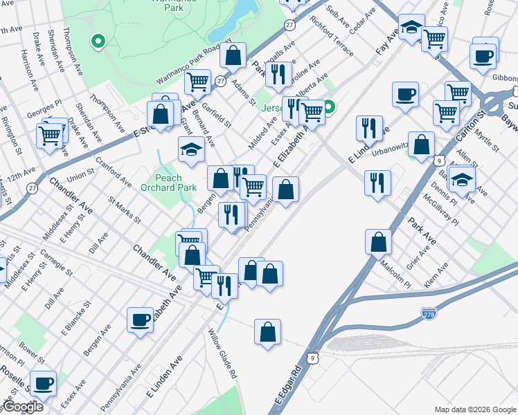map of restaurants, bars, coffee shops, grocery stores, and more near 1601 Pennsylvania Avenue in Linden