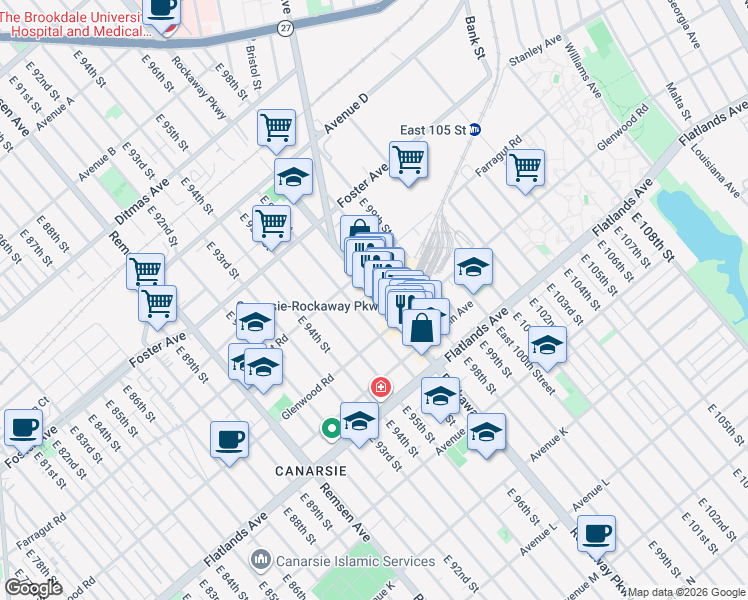 map of restaurants, bars, coffee shops, grocery stores, and more near 1041 East 96th Street in Brooklyn