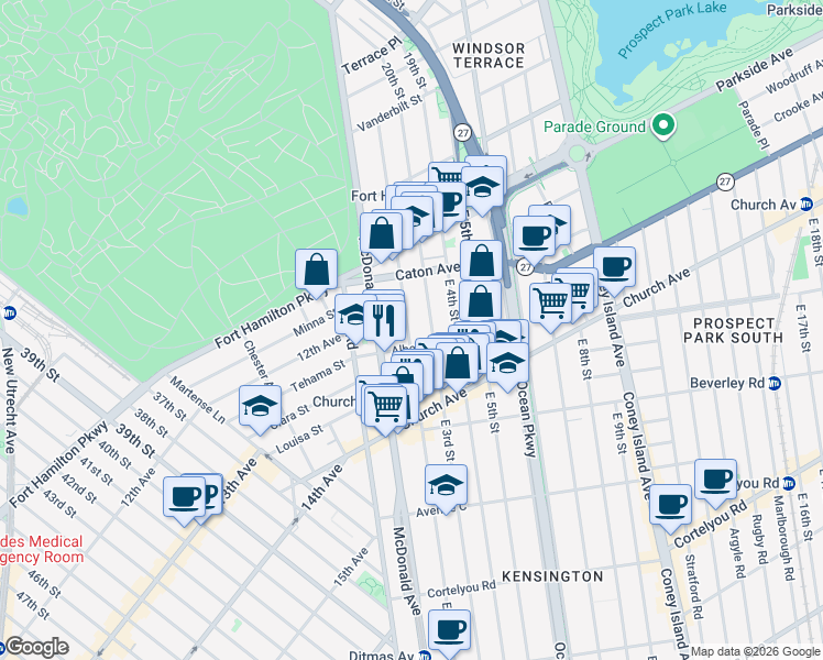 map of restaurants, bars, coffee shops, grocery stores, and more near 205 Albemarle Road in Brooklyn