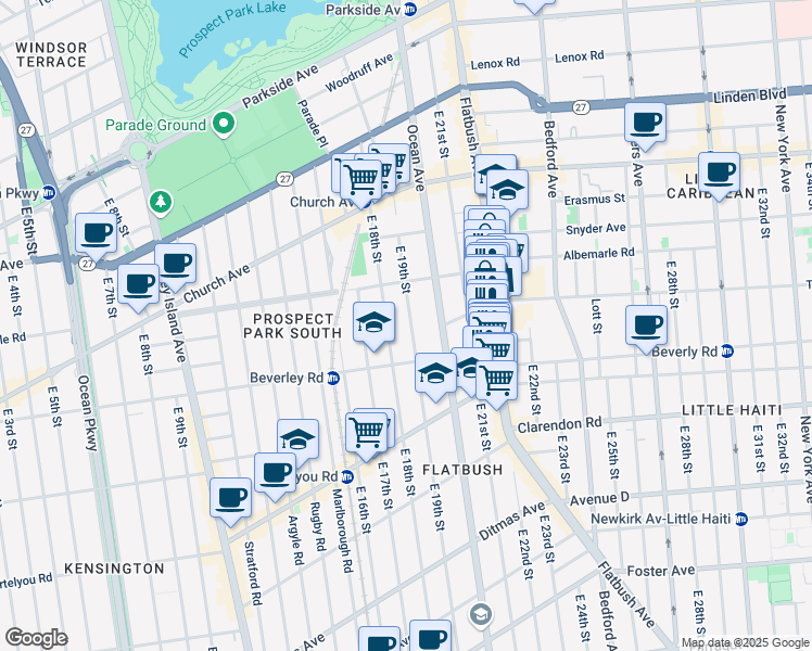 map of restaurants, bars, coffee shops, grocery stores, and more near 150 East 19th Street in Brooklyn