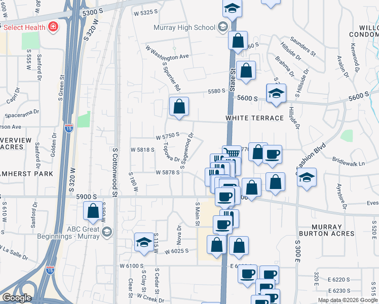 map of restaurants, bars, coffee shops, grocery stores, and more near 5814 South Sagewood Drive in Salt Lake City