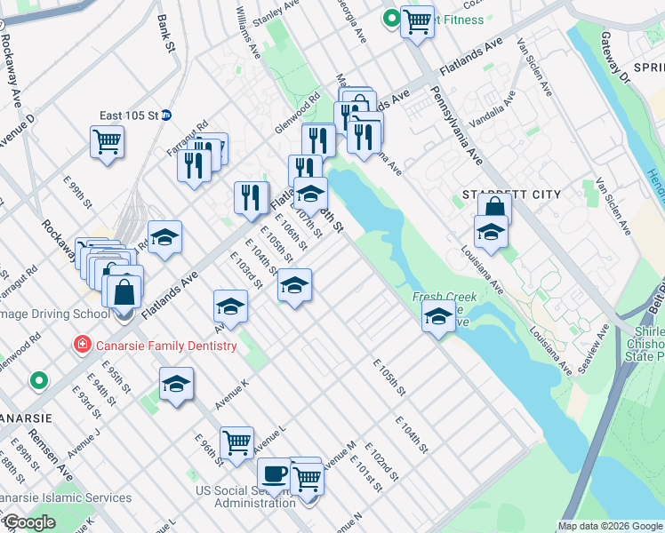map of restaurants, bars, coffee shops, grocery stores, and more near 10520 Flatlands 1st Street in Brooklyn