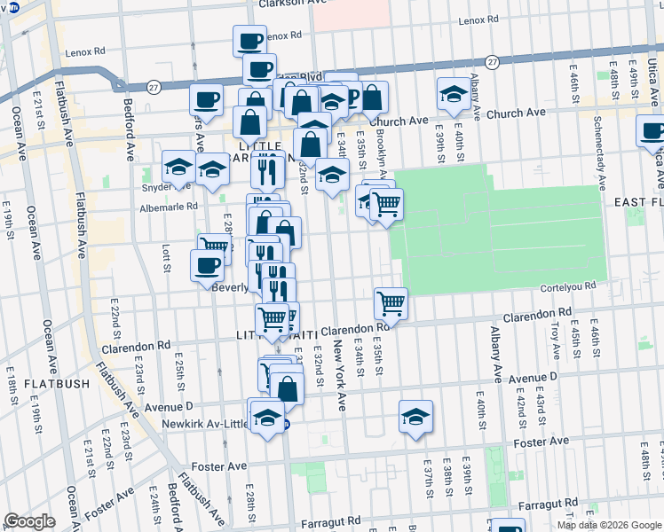 map of restaurants, bars, coffee shops, grocery stores, and more near 460 East 34th Street in Brooklyn