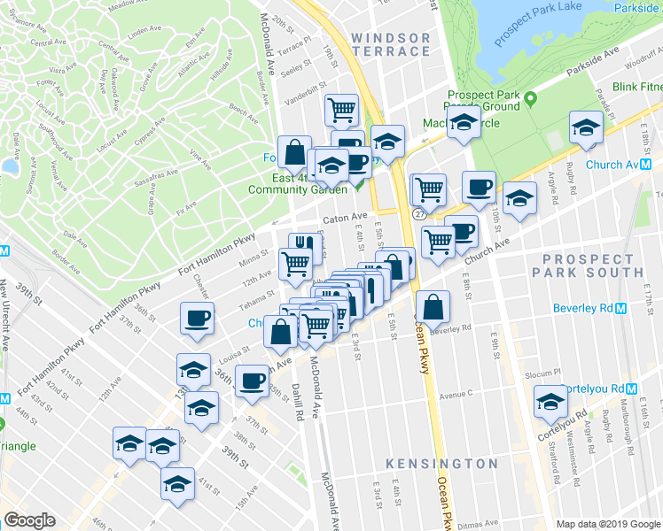 map of restaurants, bars, coffee shops, grocery stores, and more near 205 Albemarle Road in Brooklyn
