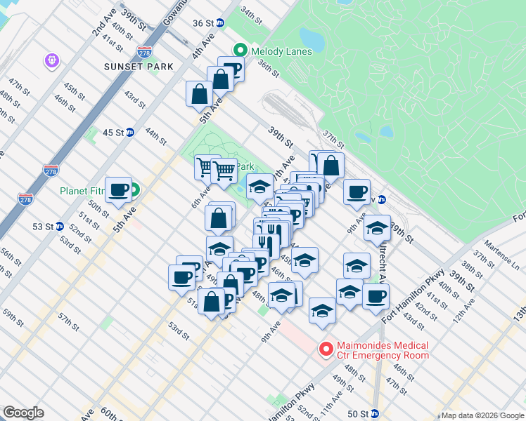 map of restaurants, bars, coffee shops, grocery stores, and more near 740 43rd Street in Brooklyn