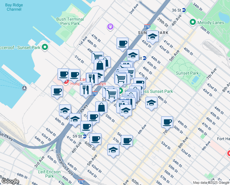 map of restaurants, bars, coffee shops, grocery stores, and more near 362 52nd Street in Brooklyn