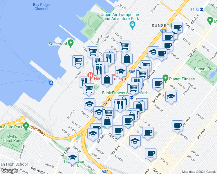 map of restaurants, bars, coffee shops, grocery stores, and more near 5406 3rd Avenue in Brooklyn