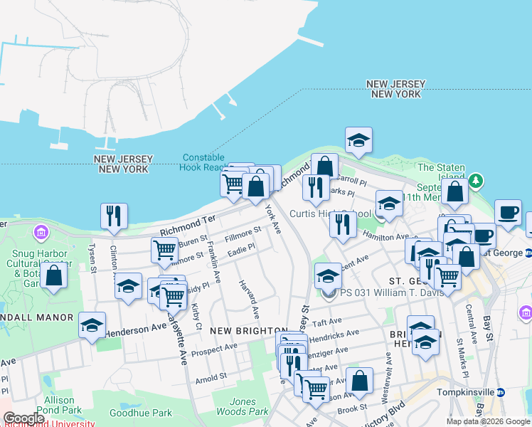 map of restaurants, bars, coffee shops, grocery stores, and more near 18 Van Buren Street in Staten Island