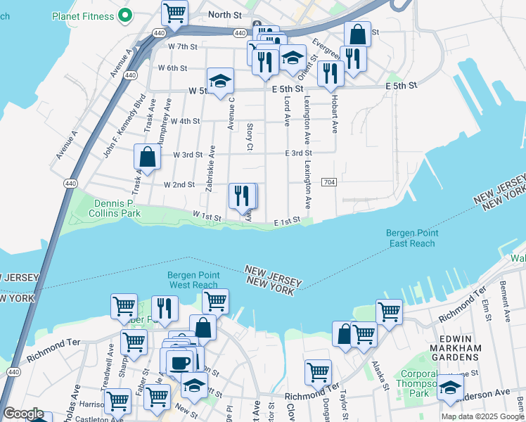map of restaurants, bars, coffee shops, grocery stores, and more near 5 West 1st Street in Bayonne