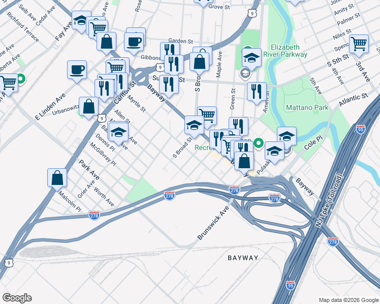 map of restaurants, bars, coffee shops, grocery stores, and more near 642 Myrtle Street in Elizabeth