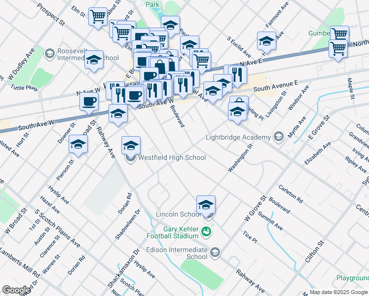 map of restaurants, bars, coffee shops, grocery stores, and more near 317 Park Street in Westfield