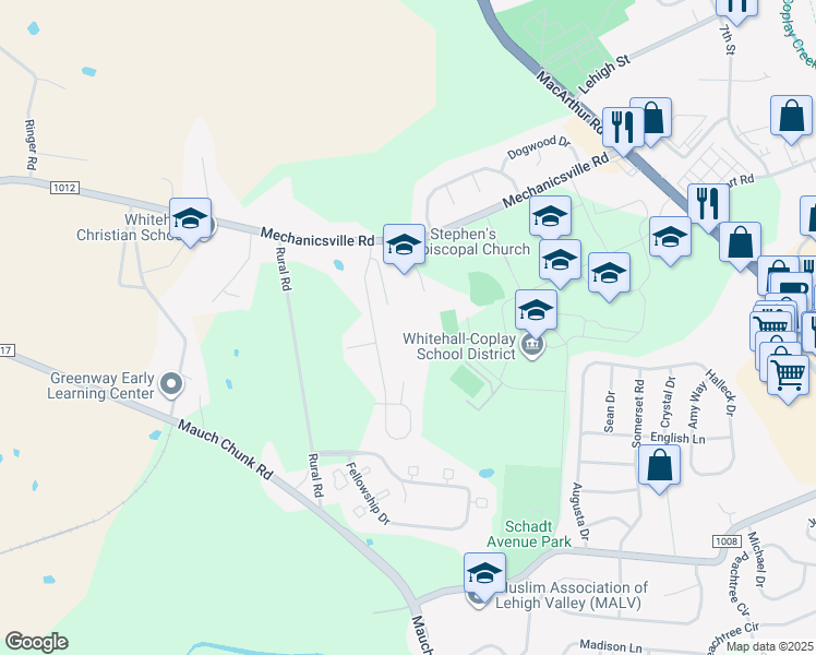 map of restaurants, bars, coffee shops, grocery stores, and more near 3101 Saint Stephens Lane in Lehigh County