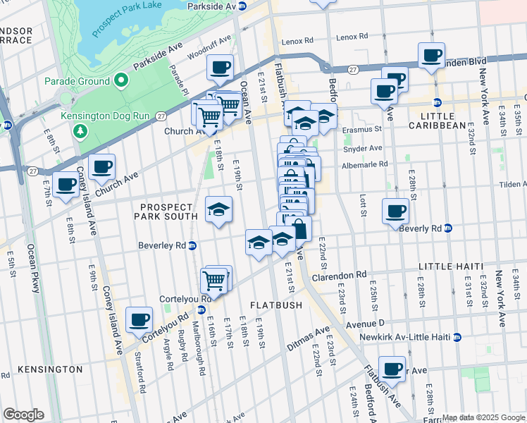 map of restaurants, bars, coffee shops, grocery stores, and more near Ocean Ave & Regent Pl in Brooklyn