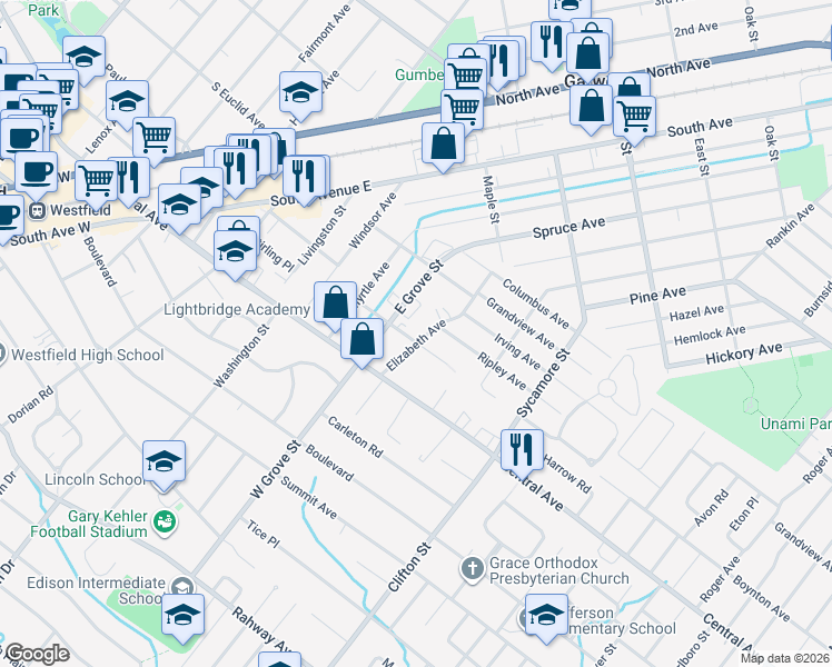 map of restaurants, bars, coffee shops, grocery stores, and more near 203 Elizabeth Avenue in Westfield