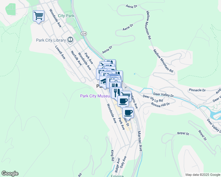 map of restaurants, bars, coffee shops, grocery stores, and more near in Park City