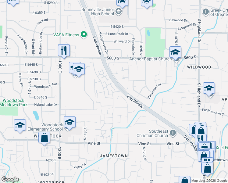 map of restaurants, bars, coffee shops, grocery stores, and more near 5795 South 1585 East in Murray