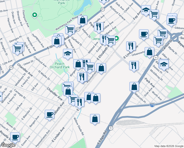 map of restaurants, bars, coffee shops, grocery stores, and more near 1601 Pennsylvania Avenue in Linden