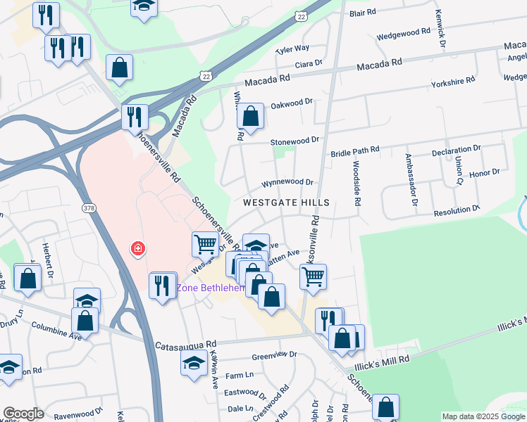 map of restaurants, bars, coffee shops, grocery stores, and more near 1429 Roselawn Drive in Bethlehem
