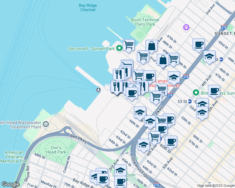 map of restaurants, bars, coffee shops, grocery stores, and more near 140 58th Street in Brooklyn