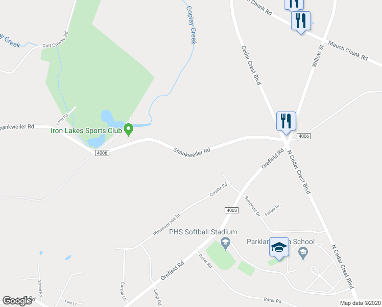 map of restaurants, bars, coffee shops, grocery stores, and more near 3625 Shankweiler Road in Allentown