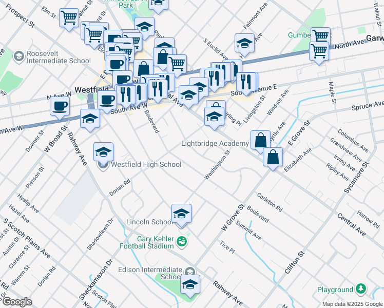 map of restaurants, bars, coffee shops, grocery stores, and more near 634 Carleton Road in Westfield