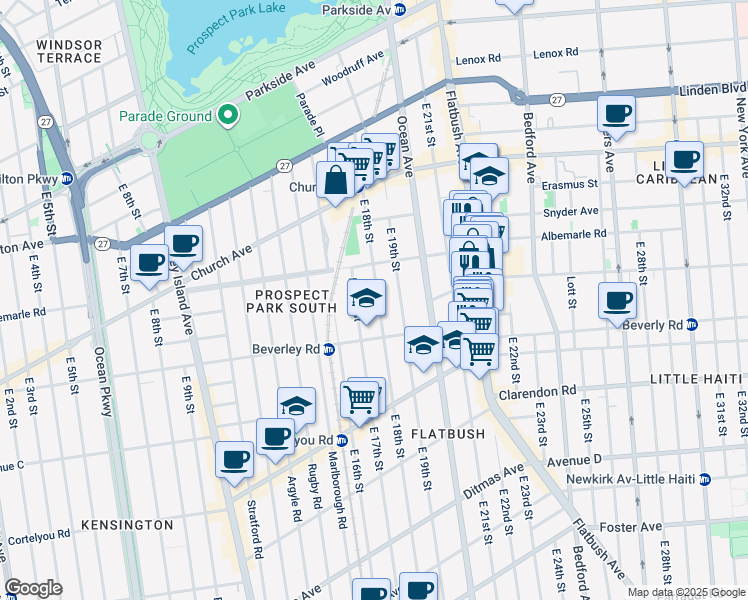 map of restaurants, bars, coffee shops, grocery stores, and more near 750 Ocean Avenue in Brooklyn