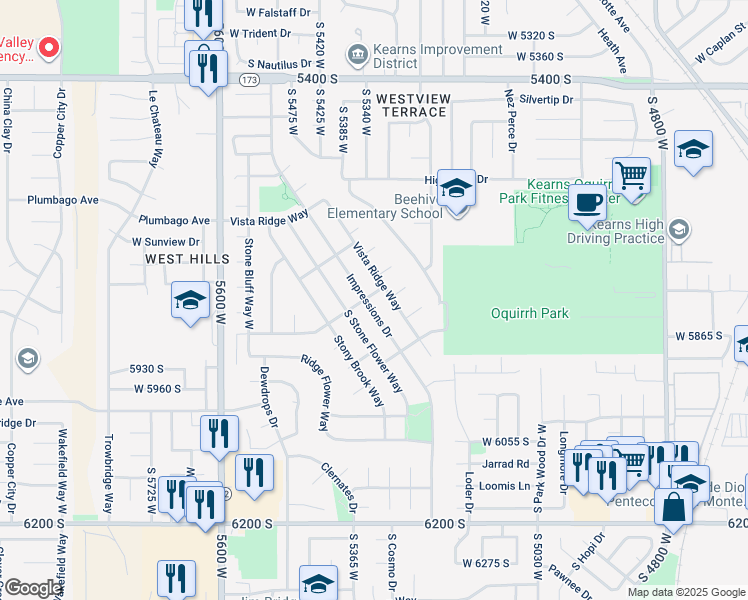 map of restaurants, bars, coffee shops, grocery stores, and more near 5803 Impressions Drive in Kearns